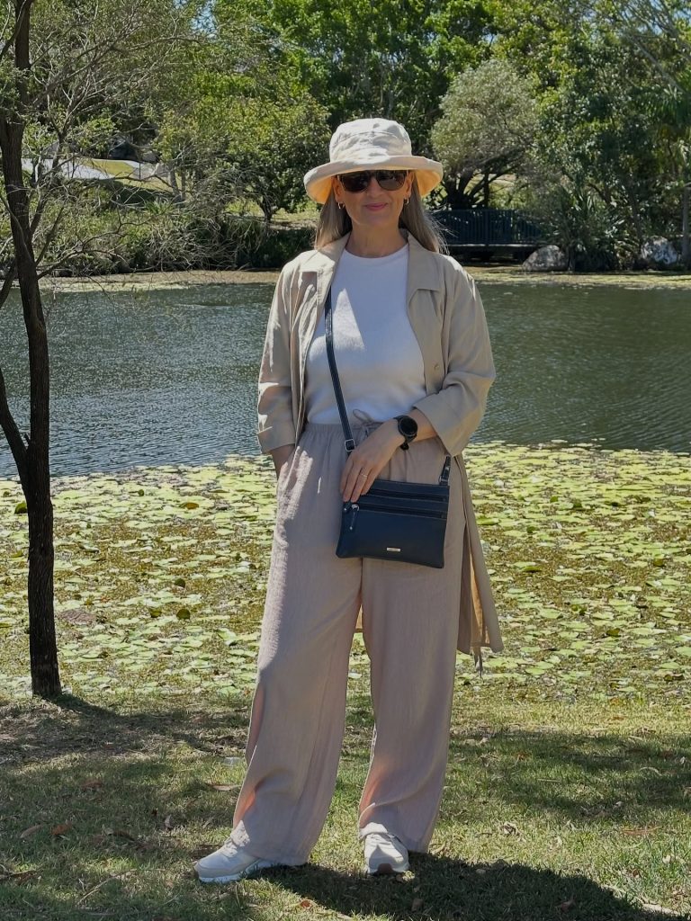Beige Linen Duster + White Tee + Matching Wide-Leg Pants