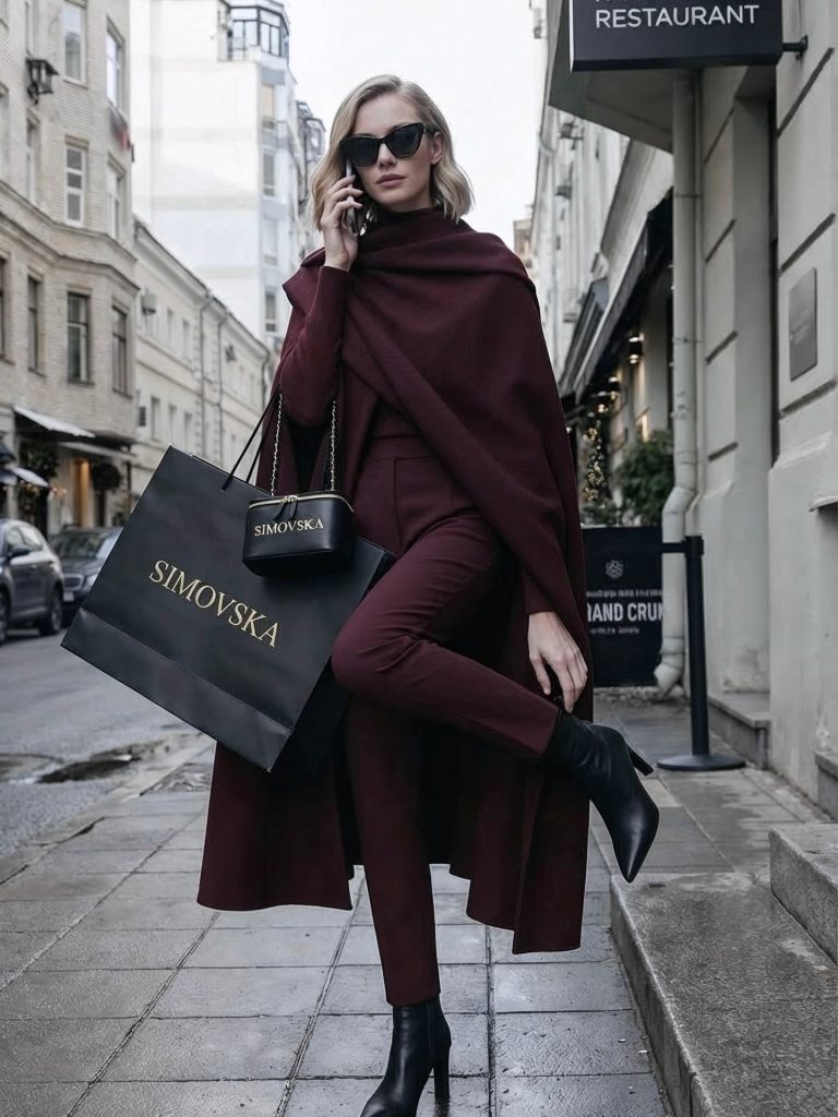 Burgundy Cape + Tonal Turtleneck + Slim-Fit Trousers