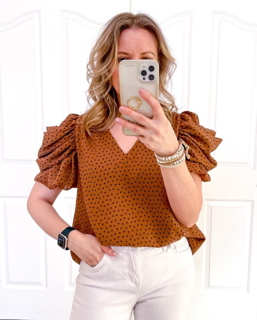 Rust Polka-Dot Blouse + White Straight-Leg Pants