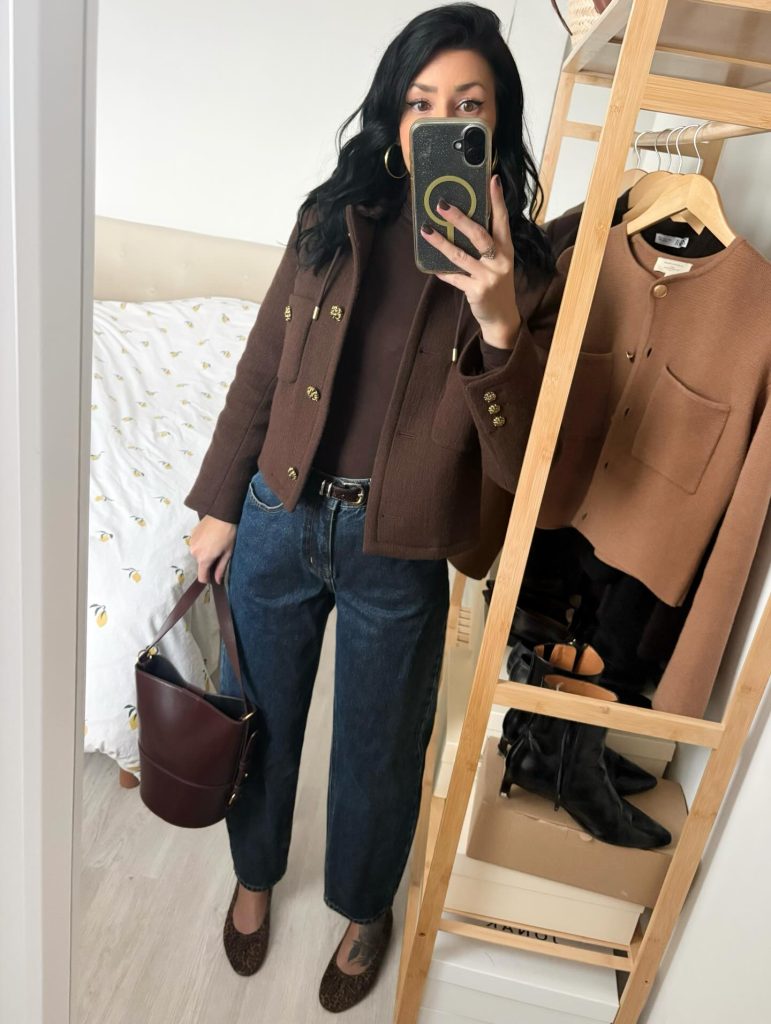 Brown Wool Jacket + Dark Brown Turtleneck + Straight Leg Jeans
