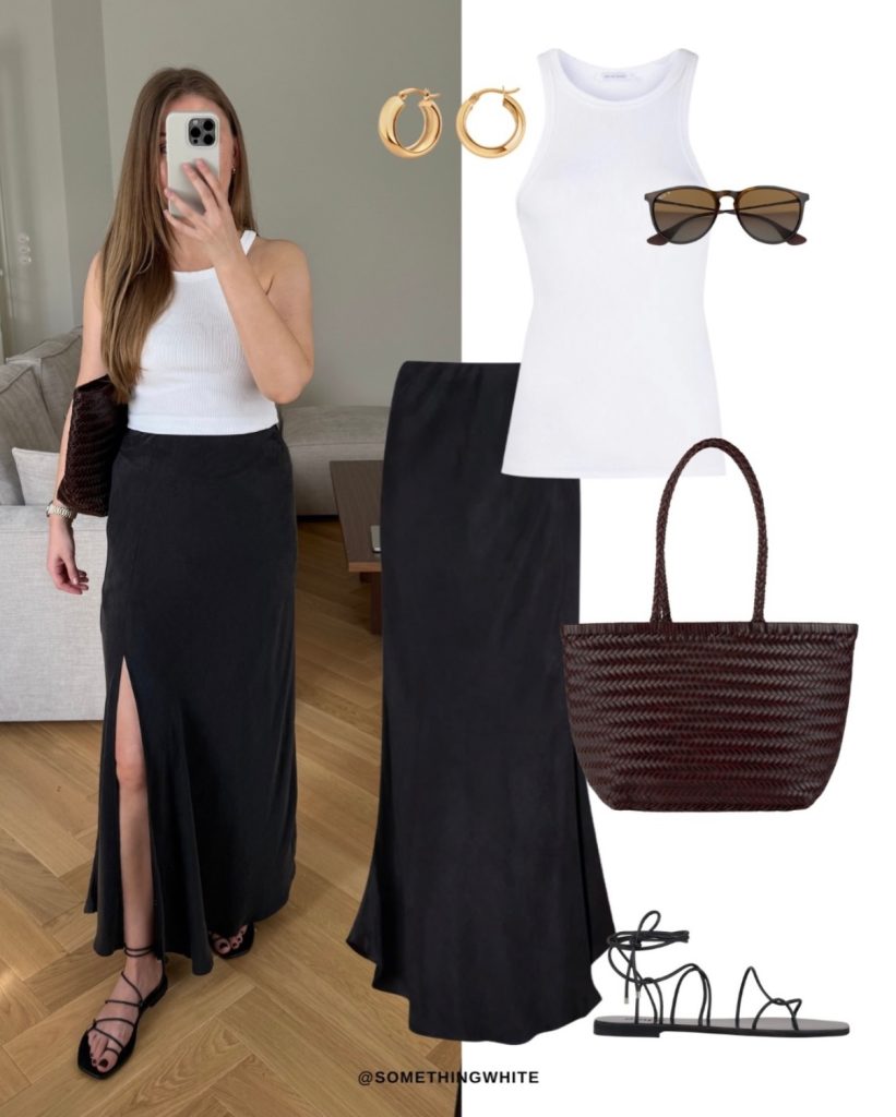 White High-Neck Tank + Black Side-Slit Maxi Skirt + Strappy Sandals