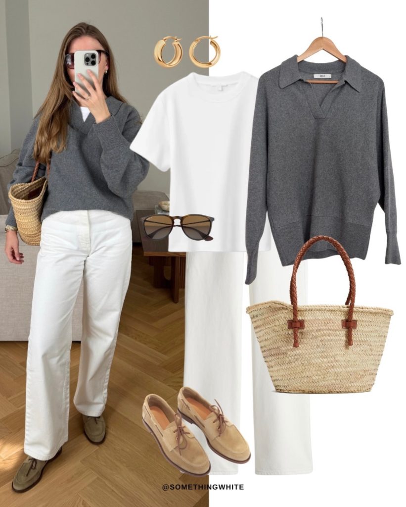 Grey V-Neck Sweater + White T-Shirt + White Wide-Leg Jeans