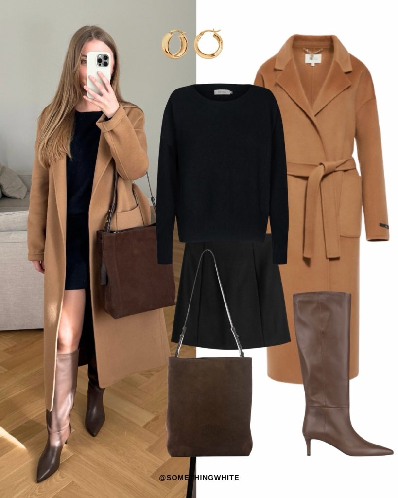 Camel Long Coat + Black Knit Sweater + Black Mini Skirt