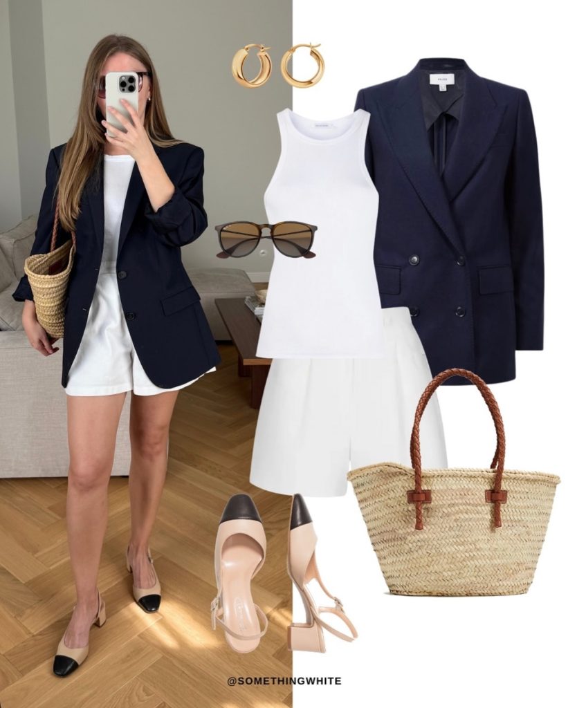 Navy Double-Breasted Blazer + White Ribbed Tank + White Tailored Shorts