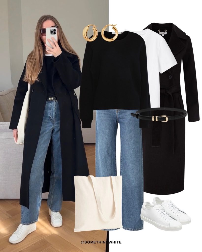 Black Overcoat + Black Crewneck Sweater + Mid-Wash Wide-Leg Jeans