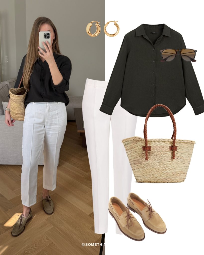 Dark Olive Button-Down + White Linen Trousers + Suede Loafers