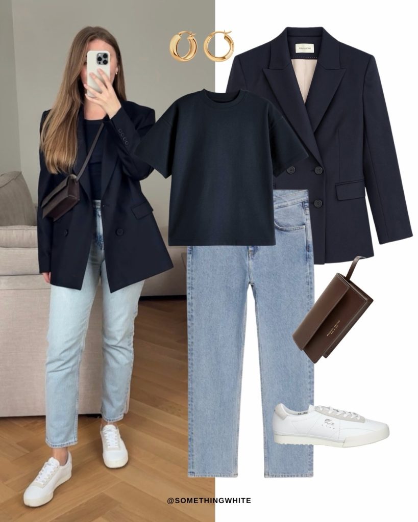 Navy Oversized Blazer + Black T-Shirt + Straight-Leg Jeans
