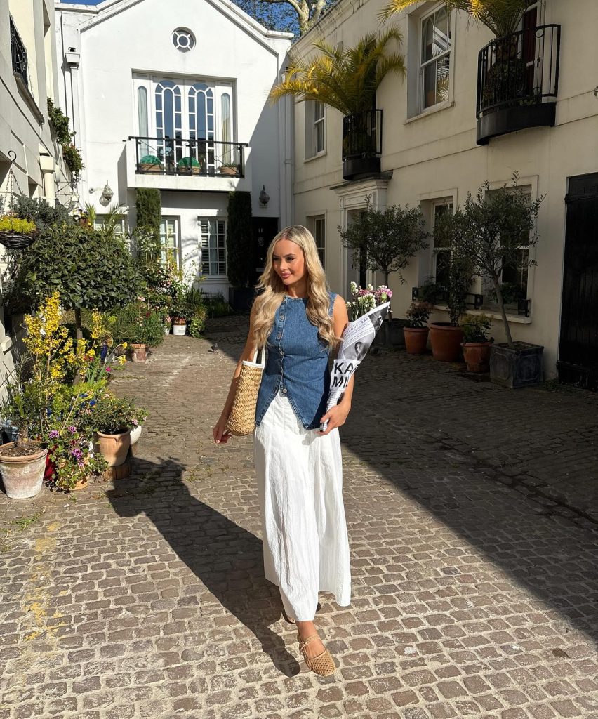 Denim Waistcoat + White Maxi Skirt + Woven Flats