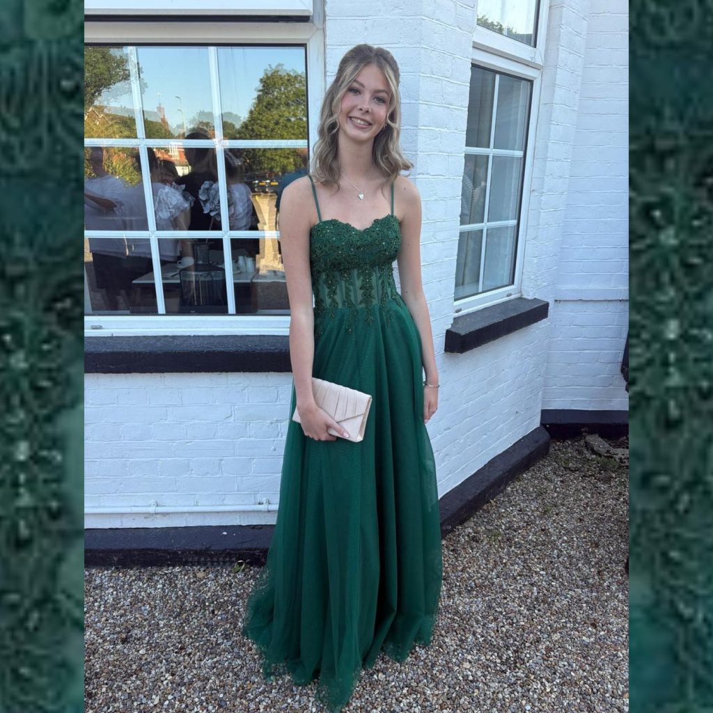 Emerald Green Illusion Gown + Pleated Cream Clutch + Silver Heart Pendant
