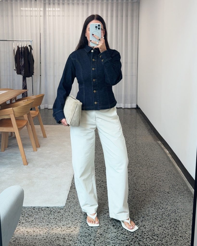 Dark Denim Jacket + White Wide-Leg Pants + White Strappy Sandals