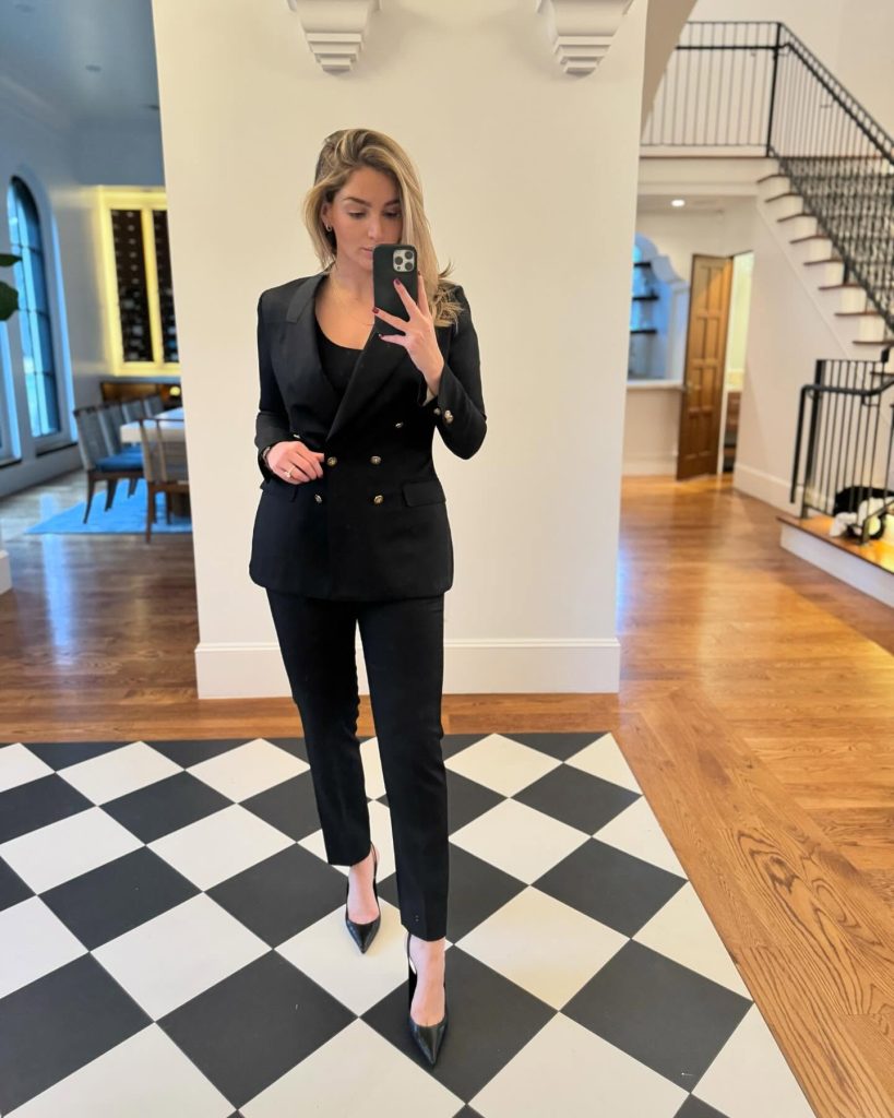 Black Double-Breasted Blazer + Matching Slim Pants + Pointed Pumps