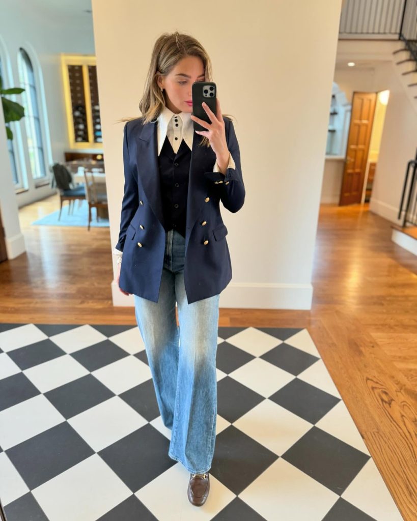 Navy Double-Breasted Blazer + Light Wash Flare Jeans + Contrast Collar Shirt