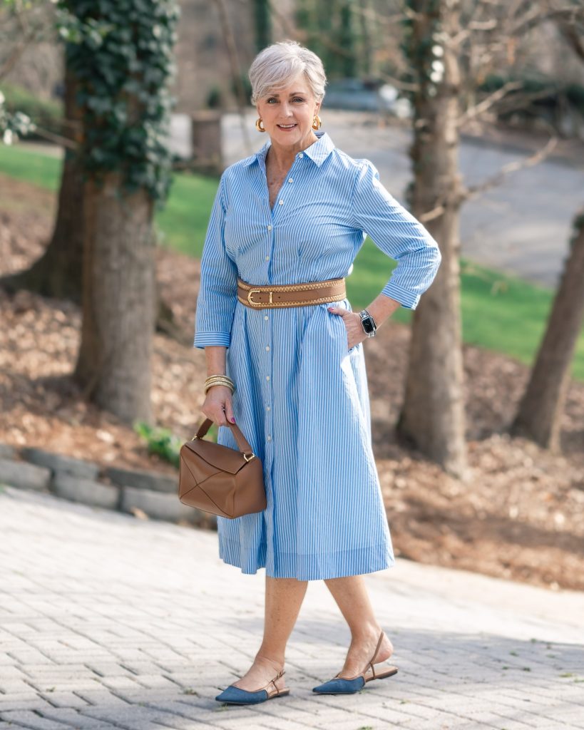 Blue Striped Shirtdress + Woven Leather Belt + Tan Top-Handle Bag