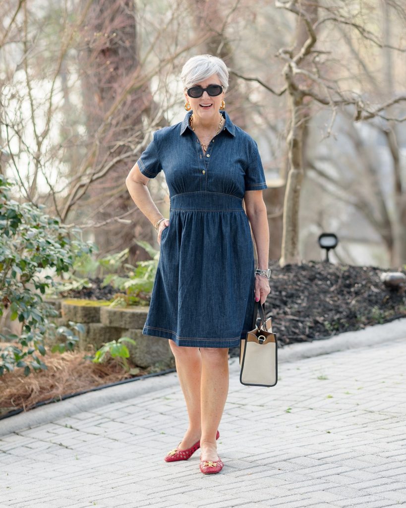 Navy Denim Dress + Gold Hoop Earrings + Red Woven Flats