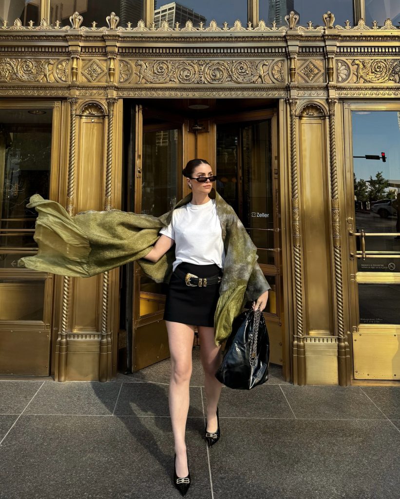White T-shirt + Moss Green Shawl + Black Mini Skirt