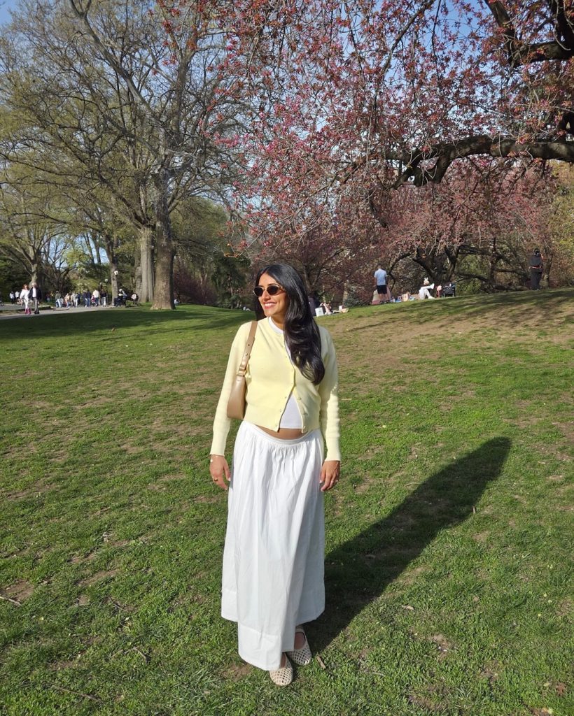 Yellow Cardigan + White Maxi Skirt + Tan Shoulder Bag
