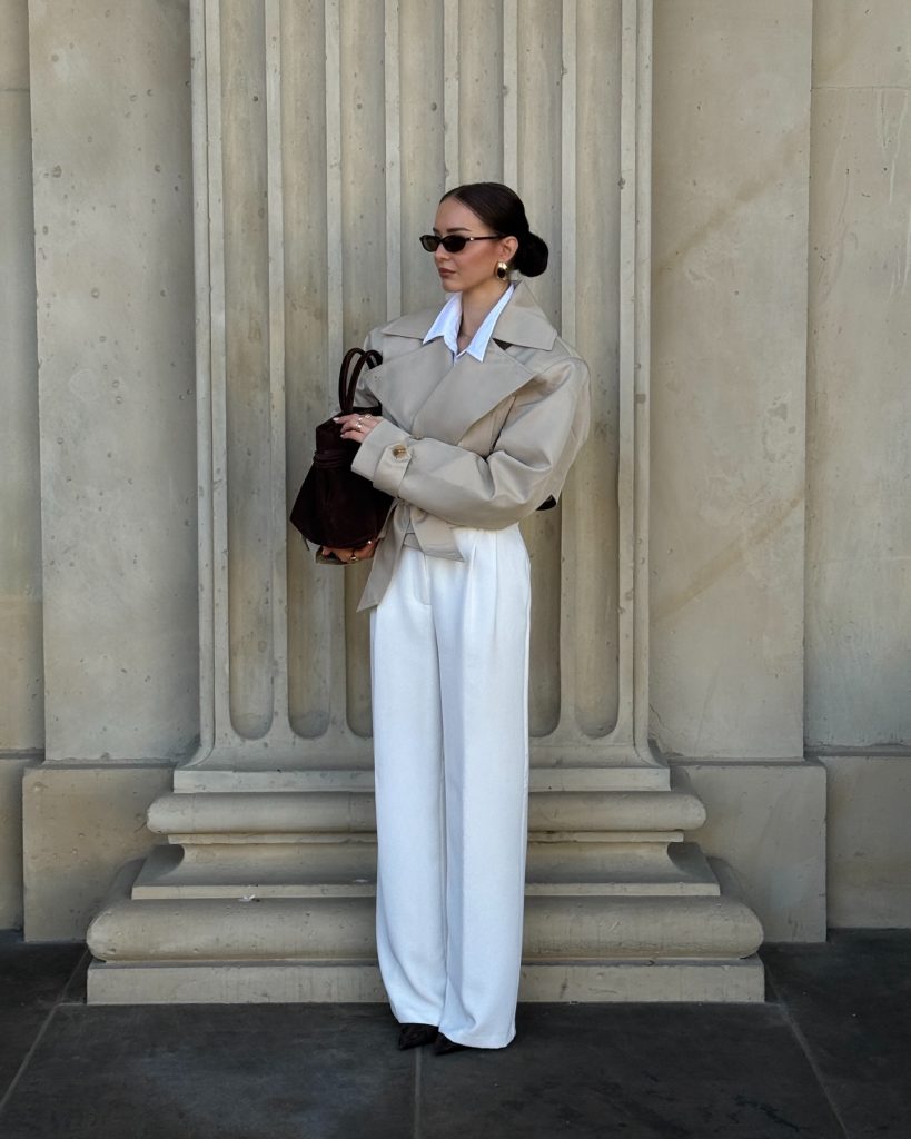 Beige Cropped Trench + White Wide-leg Pants + Pointed Heels