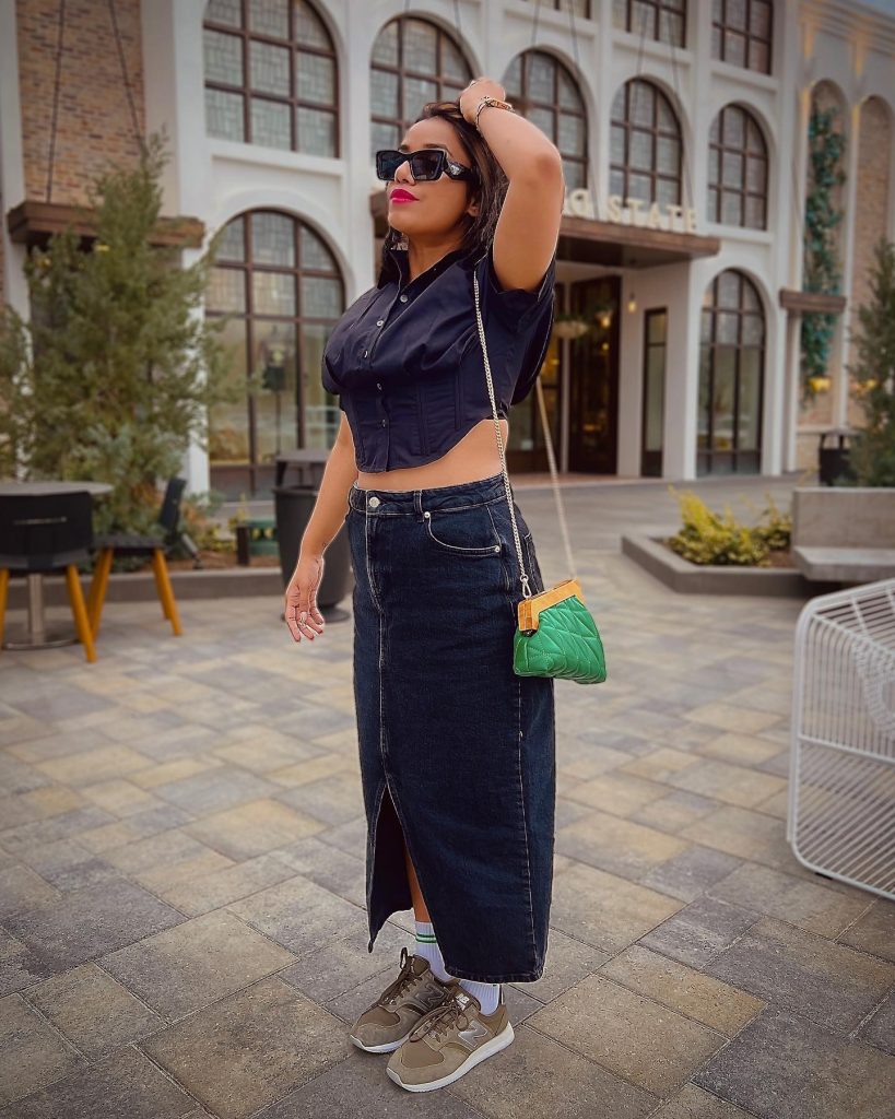 Black Corset Top + Dark Wash Denim Maxi Skirt + Brown Sneakers