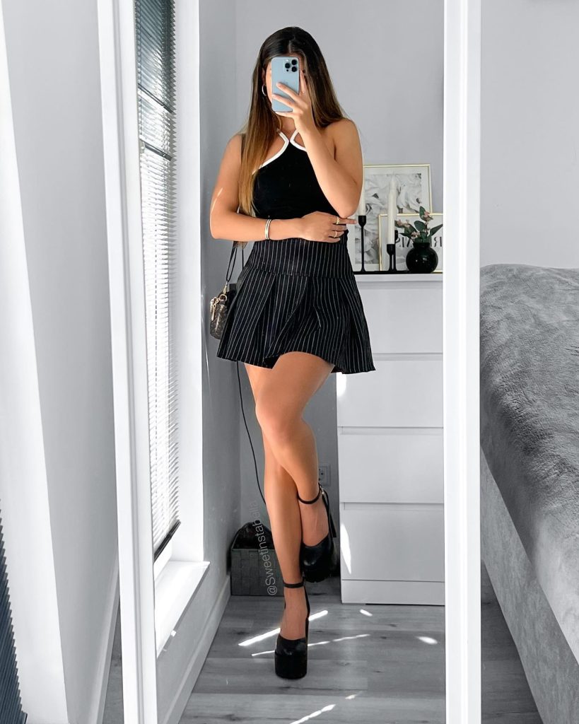 Black Halter Top + Pinstripe Mini Skirt