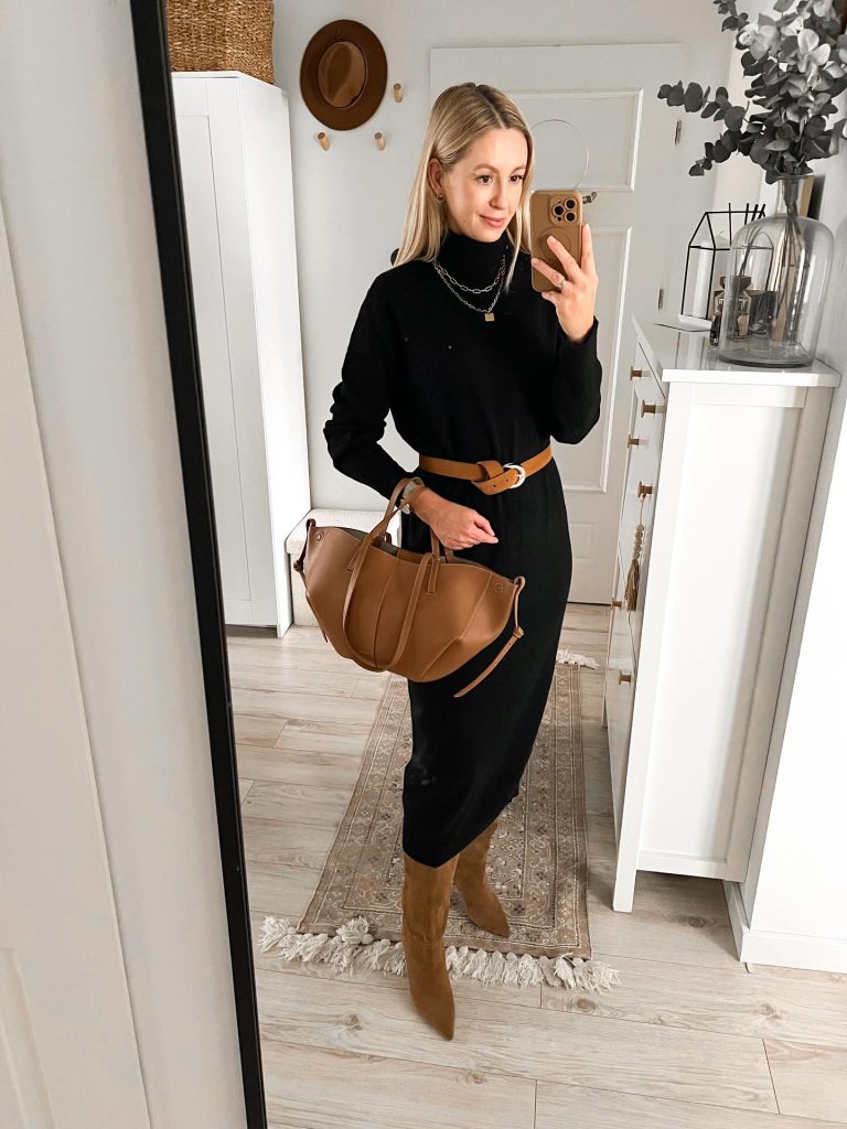 Black Turtleneck Dress + Cognac Waist Belt + Suede Knee-High Boots