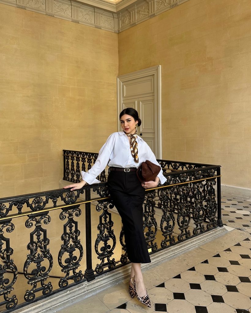 White Button-Down + Pencil Skirt + Printed Silk Scarf
