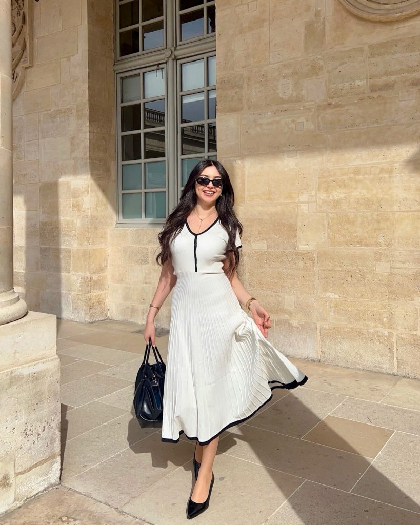 White Pleated Dress + Contrast Piping + Black Pumps