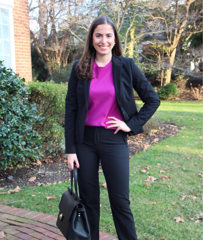 Black Blazer + Fuchsia Sweater + Tailored Pants