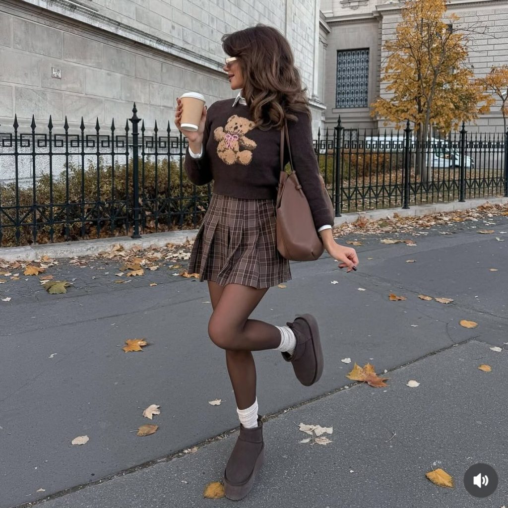 Brown Bear Sweater + Plaid Pleated Skirt + Platform Boots