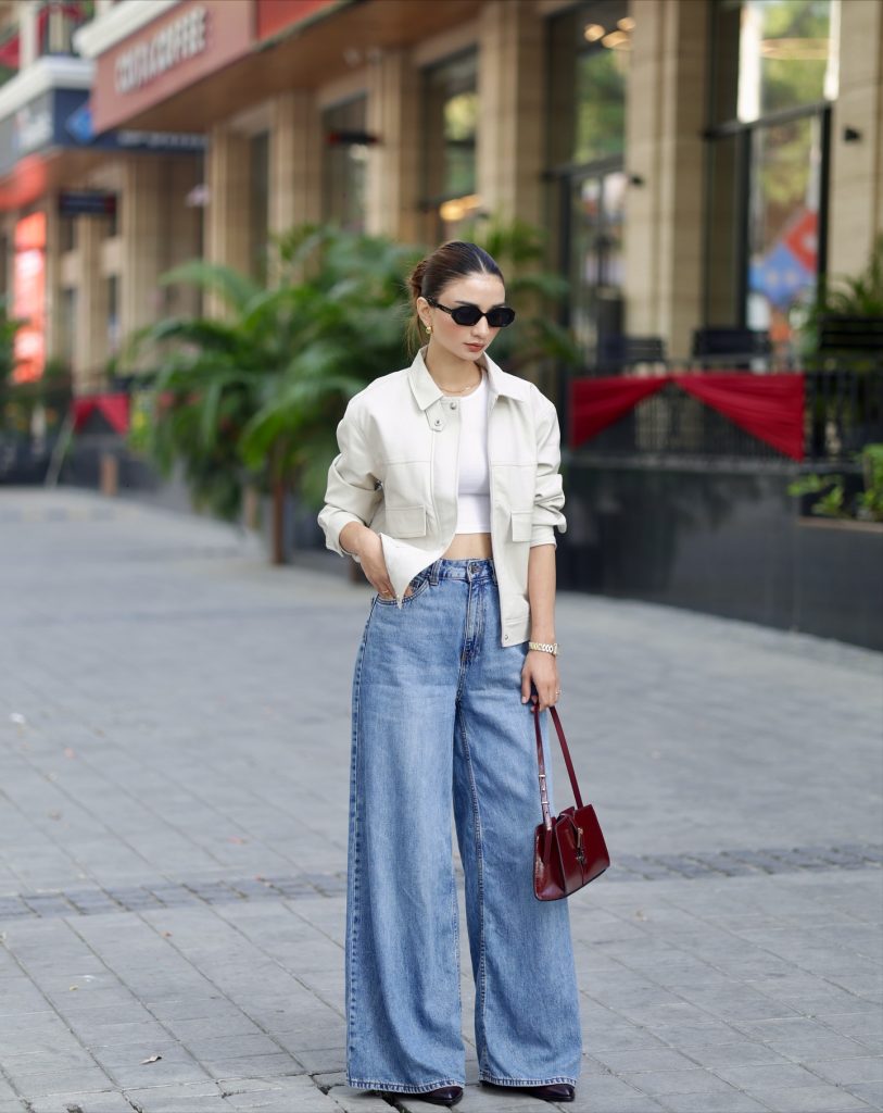 Cream Leather Jacket + White Crop Top + Wide-Leg Jeans
