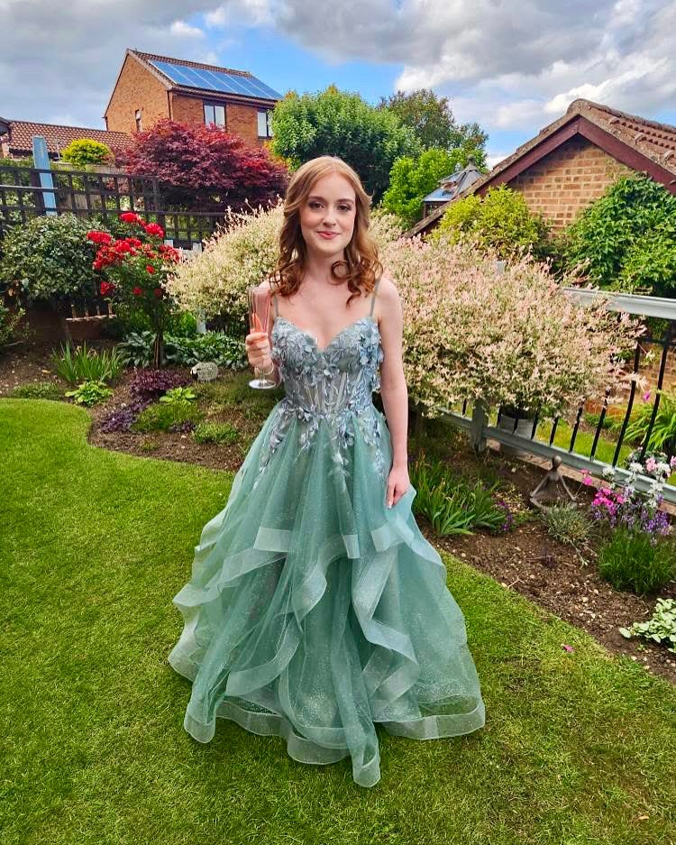 Sage Green A-line Dress + Floral Appliqué Bodice + Tiered Tulle Skirt