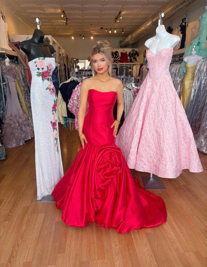 Crimson Trumpet Dress + Rosette Detail Skirt + Gold Pendant Necklace