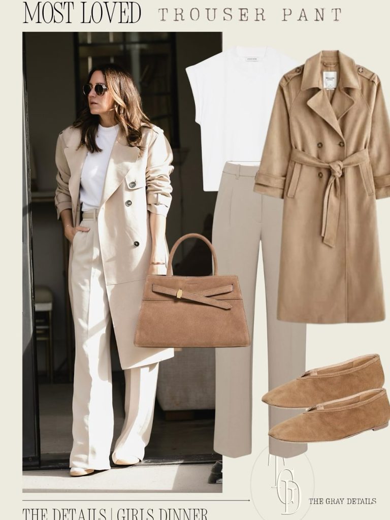 Beige Trench Coat + White Tee + Pleated Trousers