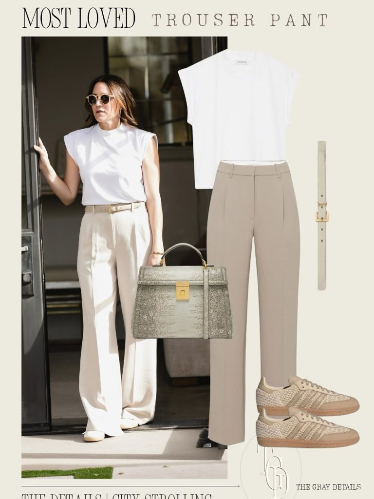 White Cap-Sleeve Tee + Beige Trousers + Neutral Sneakers