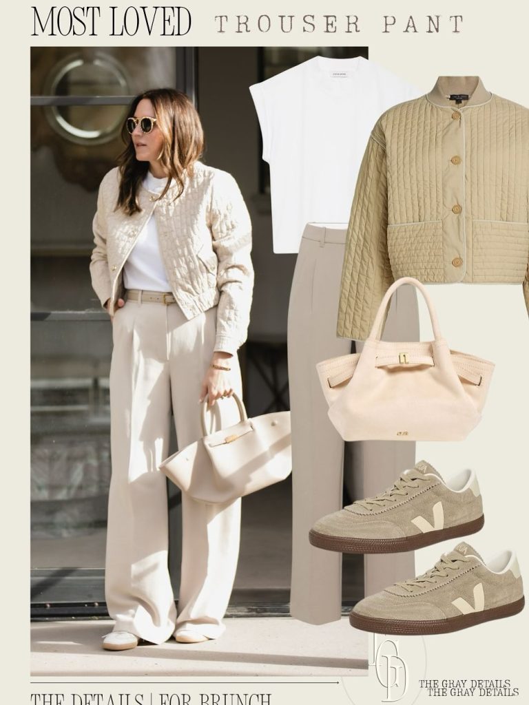Beige Quilted Jacket + White T-Shirt + Wide-Leg Trousers