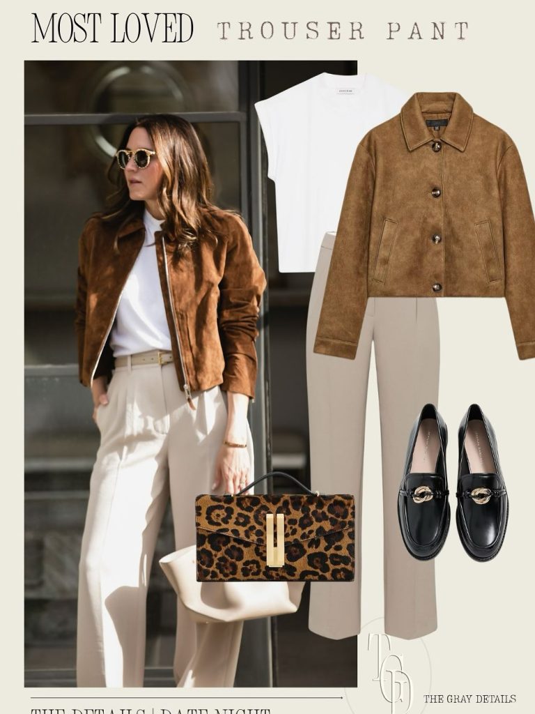 Brown Suede Bomber + White Tee + Beige Trousers