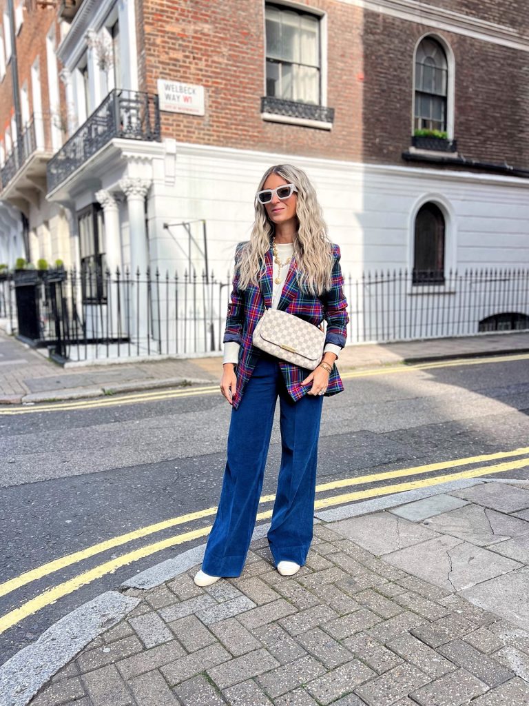 Plaid Multi-Color Blazer + Blue Corduroy Trousers + White Sunglasses