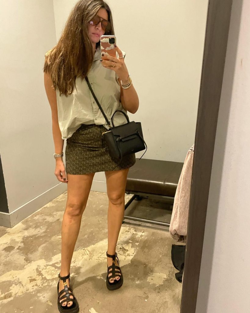 Sage Sleeveless Shirt + Olive Patterned Mini Skirt
