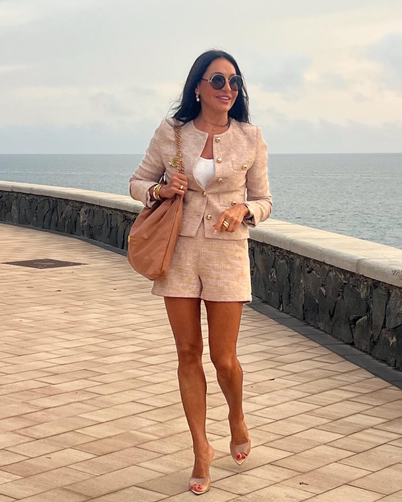 Blush Tweed Blazer + Matching Shorts + Tan Slouchy Bag