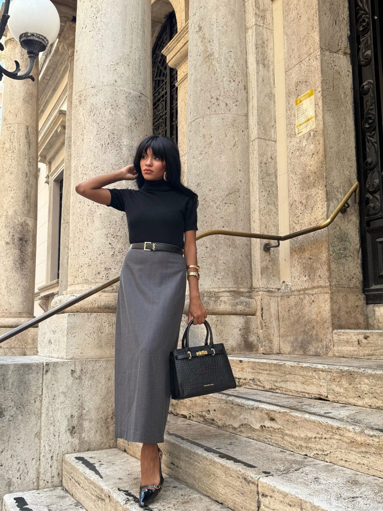 Black Mock Neck Top + Grey Maxi Skirt + Pointed Heels
