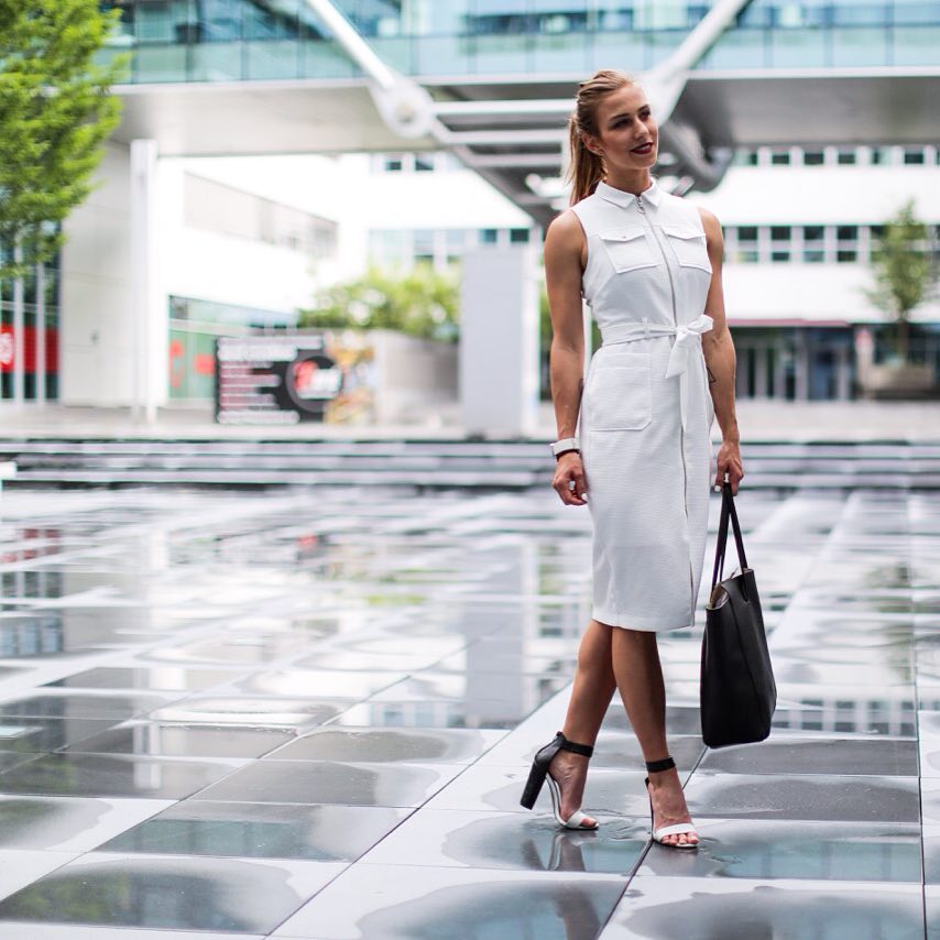White Utility Dress + Black Tote Bag + Heeled Sandals