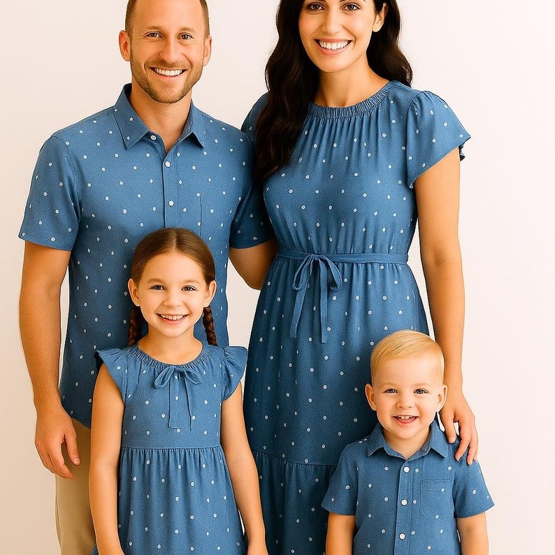 Blue Polka Dot Dress + Matching Button-Down + Blue Ruffle Dress