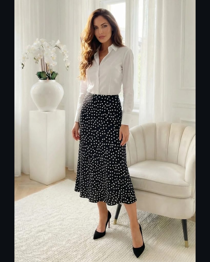 White Formal Shirt + Black Polka Dot Midi Skirt