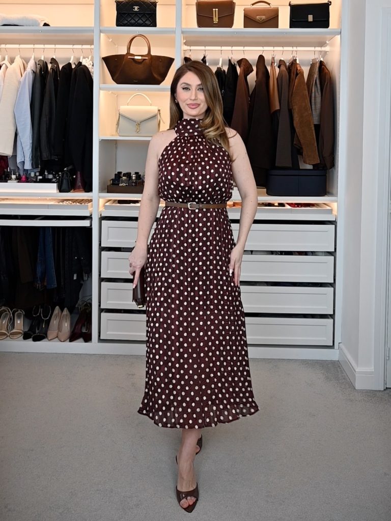 Burgundy Polka-dot Dress + Cinched Belt + Open-toe Heels