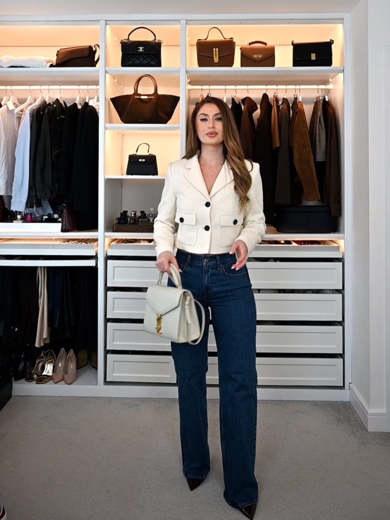 White Cropped Tweed Jacket + Dark Wash Jeans + Cream Top-Handle Bag