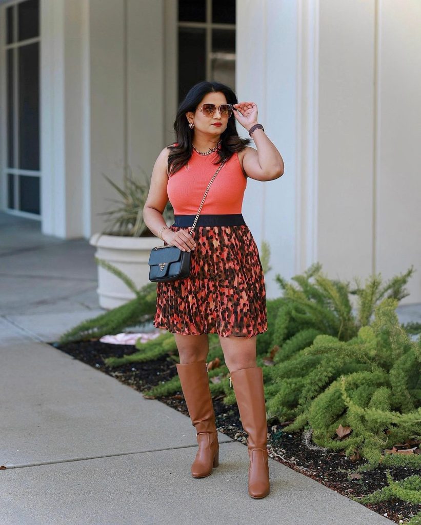 Orange Tank Top + Leopard Print Skirt + Brown Boots