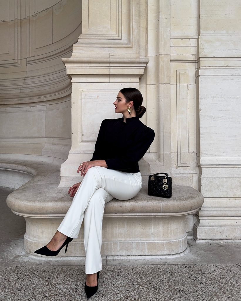 Black Structured Blouse + Slim White Trousers + Pointed Pumps