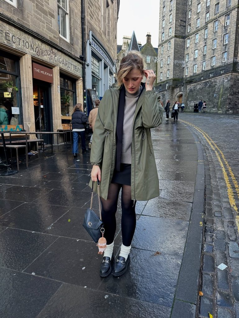 Olive Parka + Grey Turtleneck + Black Mini Skirt