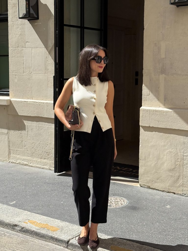 White Sleeveless Cardigan + Black Tailored Trousers + Brown Ballet Flats