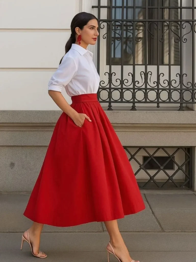 White Button-Down Shirt + Red Full Midi Skirt