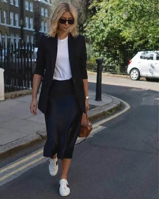 Black Oversized Blazer + White Tee + Satin Midi Skirt
